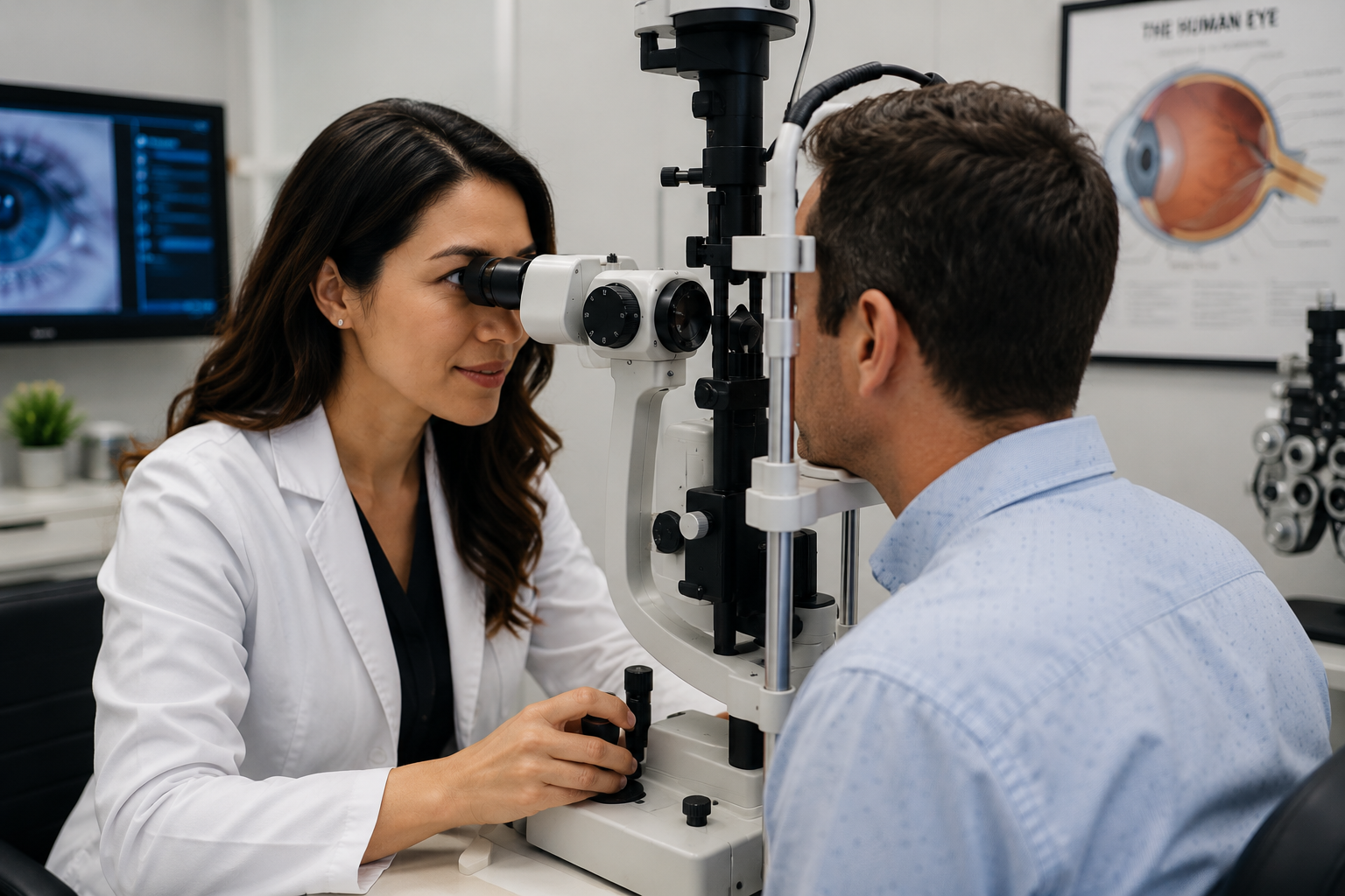 Optometrist performing an eye exam for a pediatric patient